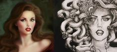 a drawing of a woman with an octopus on her head next to a painting of a woman's face