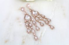 Rose Gold Chandelier earrings Crystal Bridal by TheExquisiteBride Rose Gold Chandelier, Rose Gold Chandelier Earrings, Gold Bracelet Wedding, Bridal Backdrop Necklace, Rose Gold Bridal Earrings, Statement Earrings Wedding, Gold Bridal Necklace, Bridal Earrings Chandelier, Long Chandelier