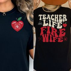 Teacher Life Fire Wife Comfort Colors T-shirt is the perfect custom gift for teacher and fireman's wife or wife to be!   This shirt runs true to size.  If you want an oversized look, please order one size up.  If you want the oversized dress look, please size up two sizes. This is made with a 1717 Comfort Colors, garment-dyed t-shirt. Made with 100% ring-spun cotton, soft-washed, and garment-dyed fabric brings extra coziness to your wardrobe while the relaxed fit makes it an excellent daily choi Future Paramedic, Firefighter Wife Shirt, Fire Wife, Wife To Be, Firefighter Wife, School Tees, Oversized Dress, Paramedic, Nurse Life