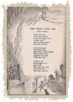 an old book page with the title and illustrations for the poem, the mist and all