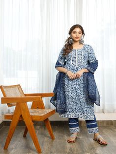 Indigo Bagru Block Printed Chanderi & Cotton Straight Kurta Set (Set of 3) by Pheeta now available at Trendroots