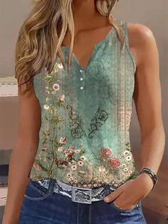 Multicolor Casual V Neck Floral Printed Sleeveless Tank Top Neckline, Floral Clothing, Tops For Women Casual, Elegante Casual, Holiday Tops, V Neck Tank Top, Style Basic, Styl Boho, Floral Theme