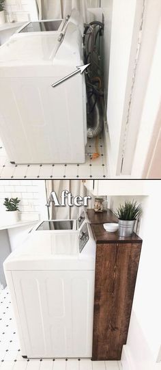 before and after pictures of a small laundry room