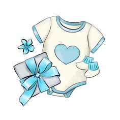 a baby's outfit and booties with a blue bow