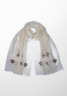 Woven from a very fine cashmere, this elegant ivory scarf is elevated by a hand-embroidered earings design in metallic beads from both ends. Incredibly stylish and comfortably warm for year-round wear, this scarf can be styled in many eye-catching ways, especially as an exclusive accessory to a wedding gown. Elegant Cream Dupatta With Pearl Embroidery, Elegant White Embellished Dupatta, Elegant Embroidered Festive Pashmina Shawl, Elegant Pashmina Shawl With Intricate Embroidery, Elegant Embroidered Pashmina Shawl, Elegant Embroidered Scarves For Festive Occasions, Elegant Festive Scarves With Embroidered Border, Elegant Embellished Cream Dupatta, Traditional White Scarves For Winter