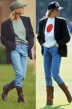 two women in jeans and jackets are walking on the grass, one is wearing cowboy boots