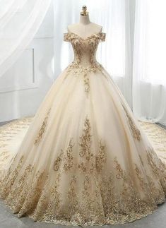 Champagne Ball Gown, Gold Evening Dresses, Lace Applique Wedding Dress, Western Wedding Dresses, Gold Wedding Dress, Wedding Dress Champagne, Tulle Evening Dress, Applique Wedding Dress, Quince Dresses