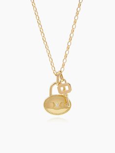 Côtê Caché Lock & Key Chain Necklace, from Côté Caché. Unlock the magic with this truly stunning pendant necklace. Unique to the "Return of Love & Light" collection, the Lock pendant features the brand emblem, with the star beautifully emphasised in cubic zirconia. The oval pendant is embellished with an intricate border decoration, perfectly paired with a medium-weight oval rolo chain.  ✦ Material : 18ct Gold Plate on Sterling Silver, Cubic Zirconia. ✦ Lock pendant : W17mm X L21mm X T2.5mm. ✦ K Lock Pendant, Lock Necklace, Key Necklace, Key Pendant, Jewelry Design Necklace, Oval Pendant, Pendant Design, Trendy Jewelry, Silver Pendant Necklace