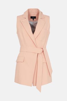 Compact Stretch Belted Sleeveless Jacket | Karen Millen Fall Lapel Collar Vest For Workwear, Sleeveless Business Vest Outerwear, Lapel Collar Vest For Spring, Elegant Semi-formal Spring Vest, Fall Workwear Blazer With Vest, Semi-formal Sleeveless Vest With Hidden Button Closure, Semi-formal Vest With Hidden Button Closure, Fall Blazer With Vest For Workwear, Sleeveless Outerwear With Pockets For Business Casual