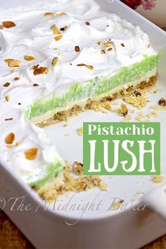 a piece of pistachio lush cake on a plate