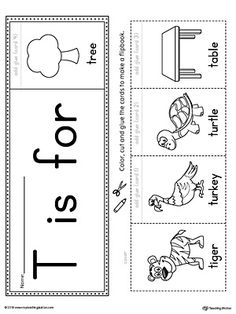 a printable worksheet for beginning with the letter t, and an image of a