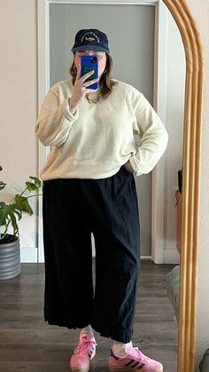 black ruffle pants, pink adidas sambas, cream vintage sweater, corduroy hat, midsize, plus-size Plus Size Clothing Capsule, Autumn Outfits Plus Size, Plus Size Outfits For Fall, Modest Mom, Midsize Outfits, Ruffle Pants, Classic Wardrobe, Capsule Outfits, Cold Weather Outfits