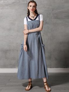 Sku CY-!28098 Material Cotton-blend Style Loose Feature Solid Occasion Casual , Vintage Seasons Summer Type Maxi Dresses Color BLUE Size FREE SIZE Size chart: Please consult the size chart we provide for this item's measurements to help you decide which size to buy. Please note: There may be 1-3cm differ due to manual measurement. CMINCH Cm Bust Length FREE SIZE 140 112 One Piece Swimwear, Braces, Maxi Dresses, Free Size, Blue Dresses, Long Dress, Elastic Waist, Cool Outfits, Colorful Dresses