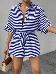 Women's Casual Striped Batwing Sleeve Jumpsuit For Summer Multicolor Casual  Half Sleeve Woven Fabric Colorblock,Striped Other Non-Stretch  Women Clothing, size features are:Bust: ,Length: ,Sleeve Length: Jumpsuits For Women Short, Striped Outfits For Women, Short Jumpsuit Outfit, Jumpsuit Casual, Jumpsuit Outfit, Casual Stripes, Jumpsuit With Sleeves, Fashion Attire, African Design Dresses