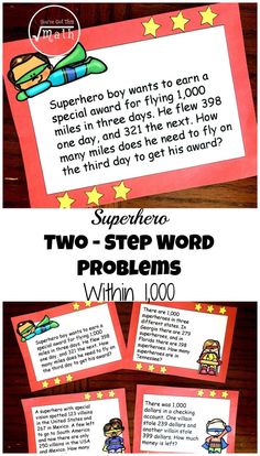 two step word problems with the words super hero written on them