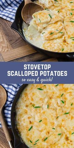 two images showing how to make scalloped potatoes in a cast iron skillet