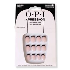 xPRESS/On Business Casual Press On Nails -  Show 'em who's boss with OPI's xPRESS/On Business Casual Press On Nails.    Benefits     14 days of seriously head-turning wear Reusable press-on nails so you can press again and again and again Sustainability on point! Tips and packaging are made with up to 94% post consumer recycled materials. No animal derived ingredients.     Features     For your 9 to 5 or 5 to 9, Business Casual press-on nails feature a minimal black French tip that adds some edg Opi Press On Nails, Press On Nails Prep, Best Nail Glue For Press On Nails, How To Measure Nails For Press On Nails, Black French Tip Press On Nails, Interview Nails, Nail Polish Gift Set, Nail Polish Gift, Gel Lamp