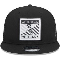 Top of your ensemble with this Chicago White Sox Scratch Squared 9FIFTY cap from New Era. It includes a unique Chicago White Sox patch on the crown. This hat also features a trucker and snapback design, giving you optimal comfort throughout the day. Imported Material: 100% Polyester Snapback Mesh mid and rear panels One size fits most Structured fit Brand: New Era Officially licensed Embroidered fabric applique Flat bill with ability to curve Wipe clean with a damp cloth Solid front panels with Fitted Casual Hats For Sports Events, Black Mesh Hat For Sports Events, Black Flat Cap Trucker Hat For Baseball Season, Black Trucker Hat Flat Cap For Baseball Season, Black Fitted Hats For Sports Events, Black Letter Print Trucker Hat Flat Cap, Black Fitted Snapback Hat, Black Snapback Trucker Fitted Hat, Throwback White Snapback Hat