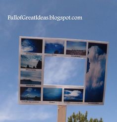 a sign with multiple pictures on it in front of a blue sky and clouds background