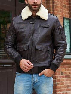 Brown Sheepskin Leather Flight Bomber Aviator Jacket For Men Seize this excellent Air Bus Pilot Brown Leather Bomber Jacket! It adopts high-quality genuine leather and features a cozy shearling collar that's immaculate for chilly days. Moreover, The front zipper closure makes this Brown Aviator Flight Bomber Leather Jacket For Men leisurely. At the same time, the ribbed cuffs add a glimmer of style. With two pockets on the front and two inner pockets, you'll have plenty of room to store your essentials. And let's not forget about the captivating brown color of these Brown Bomber Leather Jacket men that will make you stand out from the crowd. Therefore, It's a must-have addition to any wardrobe! Specifications: Made of Genuine Leather Shearling Collar Front Zipper Closure Ribbed Cuffs Two P Custom Varsity Jackets, Cafe Racer Jacket, Custom Leather Jackets, Racer Jacket, Outwear Jackets, Aviator Jackets, Satin Jackets, Custom Jacket, Embroidered Jacket