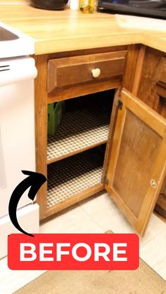 the bottom half of a kitchen cabinet with an arrow pointing to it's left