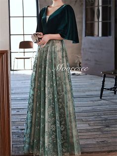 Green A-line Wedding Dress, Dark Green Floor-length Party Dress, Dark Green Fitted Evening Dress, Green V-neck Maxi Dress For Banquet, Green Maxi Length Dress For Banquet, Green Maxi Dress For Banquet, Green A-line Prom Season Dress, Green A-line Dress For Prom Season, Green Long Sleeve Dress For Banquet