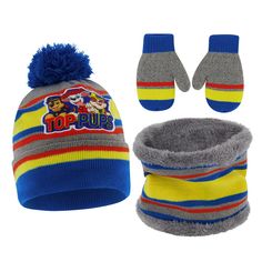 When the temperature dips, he’ll be ready in style with this Nickelodeon Hat, Scarf and Glove/Mitten set. Featuring the favorite pups: 'Marshall, Chase, and Rubble'. Soft and stylish, his cold-weather gear has never looked this cool. Available in your choice of two sizes. Winter Hats For Playtime, Fun Winter Hats For Playtime, Paw Patrol Pattern, Toddler Winter Hat, Cute Hands, Grey Mittens, Boys Winter Hats, Toddler Gloves, Toddler Mittens