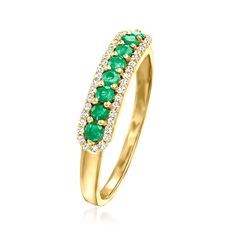 Ross-Simons - .20ct t. w. Emerald Ring, .12ct t. w. Diamonds in 14kt Yellow Gold. Size 8. Sumptuous and stackable, this luxurious gemstone ring glimmers with .20 ct. t. w. round emeralds and .12 ct. t. w. round diamond borders. Finely crafted in polished 14kt yellow gold. 1/8" wide. Diamond and emerald ring. Emerald birthstones are the perfect gift for May birthdays. May Birthdays, Diamond And Emerald Ring, Emerald Birthstone, May Birthday, Ring Emerald, Emerald Ring, Gemstone Ring, Round Diamond, Round Diamonds