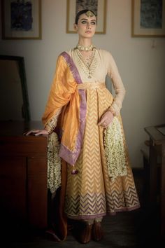 Orange, purple and gold handwoven anarkali with handblock print and gota work details. Paired with a churidar and belt. - Aza Fashions Churidar Pattern, Printed Anarkali, Gota Work, Churidar, Set For Women, Anarkali, Aza Fashion, Desi, Types Of Sleeves