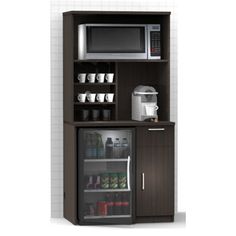 a microwave, refrigerator and coffee maker are shown in this image with the door open