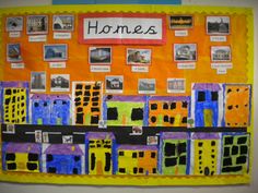 a bulletin board with pictures and words written on it that say homes in different colors