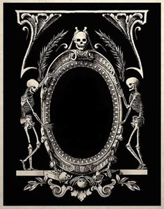 a skeleton frame with two skeletons in the middle and an ornate border around it on a black background