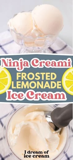 an ice cream bowl with two scoops of lemon ice cream in it and the words, nipa cream frosted lemonade ice cream