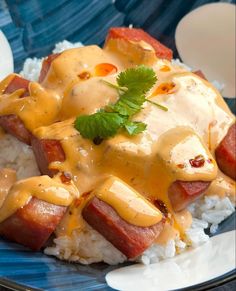 a blue plate topped with rice and meat covered in gravy