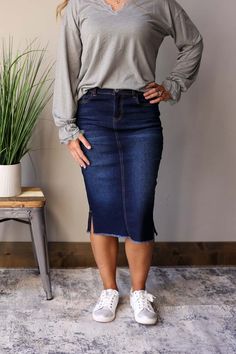 Becca Dark Wash Side Slit Denim Skirt. This stylish jean skirt features a dark wash for a sleek and sophisticated look that you can wear to work, school, or date night for fall winter outfits. High-waist Washed Denim Skirt For Fall, Casual Dark Wash Denim Skirt For Everyday, Casual Dark Wash Lined Denim Skirt, Winter Modest Fashion, Casual Dark Wash Knee-length Denim Skirt, Pentecostal Outfits Casual, Fall Modest Outfits Apostolic Fashion, Jean Skirt Outfits Fall, Chic Dark Wash Full-length Denim Skirt