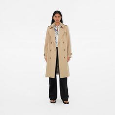 Long Kensington Heritage Trench Coat in Honey - Women | Burberry® Official Classic Gabardine Pea Coat For Spring, Classic Spring Pea Coat In Gabardine, Classic Double-breasted Outerwear For Daywear, Classic Spring Gabardine Raincoat, Classic Gabardine Raincoat For Spring, Classic Spring Raincoat In Gabardine, Classic Gabardine Outerwear For Daywear, Classic Fall Raincoat For Work, Classic Long Gabardine Raincoat