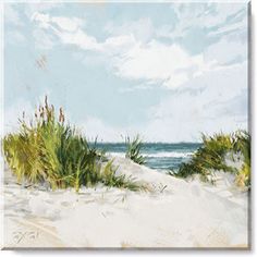 a painting of the beach with grass and water