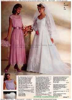 two women in dresses and veils are posing for the camera, one is wearing a wedding dress