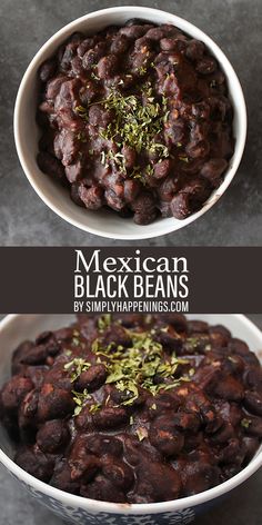 mexican black beans in a white bowl with green sprinkles on top and below