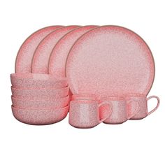 pink dinnerware set with matching cups and saucers on a white background, 3d rendering