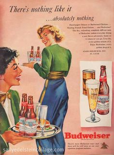 an advertisement for budweiser beer with two women holding trays of bottles and glasses