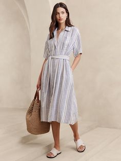 Pleated Linen-Blend Midi Shirtdress | Banana Republic Factory Casual Button Front Midi Shirt Dress, Casual Midi-length Shirt Dress With Placket, Casual Midi Length Shirt Dress With Placket, Summer Shirt Dress With Buttoned Pockets Relaxed Fit, Casual Shirt Dress With Relaxed Fit And Collared Neckline, Relaxed Fit Shirt Dress With Buttoned Pockets For Summer, Casual Shirt Dress With Pockets For Vacation, Casual Collared Neckline Dress With Relaxed Fit, Casual Dress With Relaxed Fit And Spread Collar