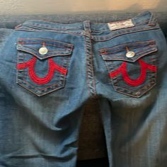 Mint Condition Rare True Religion Jeans With Red Pockets, Limited Edition Red True Religion Jeans, Boho Bell Bottoms, Flare Jeans Y2k, Fire Shoes, Shoes And Outfits, Red Ranger, Flair Jeans, Clothes Board, Denim Flare Jeans