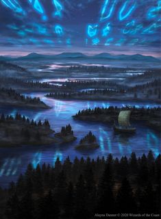 a painting of a boat in the middle of a body of water at night time