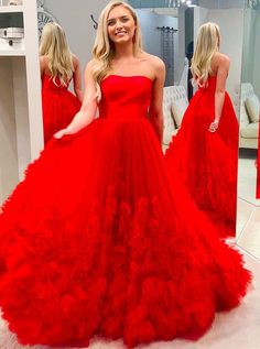 WD1054,Red A-Line Strapless Long Prom Dress Elegant Pageant Gown,Tulle Evening Long Dress on Storenvy Blue Tulle Prom Dress, Prom Dress With Train, Dress With Train, Prom Dresses Elegant, Professional Dress, Elegant Prom, Dresses 2022, Graduation Dresses, Backless Prom Dresses