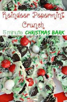 reindeer peppermint crunch christmas bark recipe on a red and white checkered plate