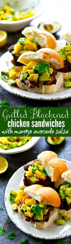 grilled chicken sandwiches with mango avocado salsa on the side and topped with lettuce