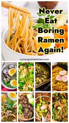 a collage of pictures with noodles and vegetables in them, including an egg on top