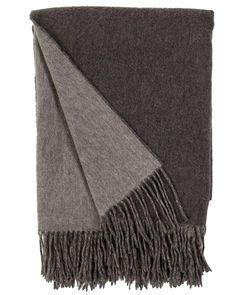 a gray and black blanket with fringes