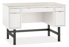 a white desk with two drawers on one side and an open drawer on the other